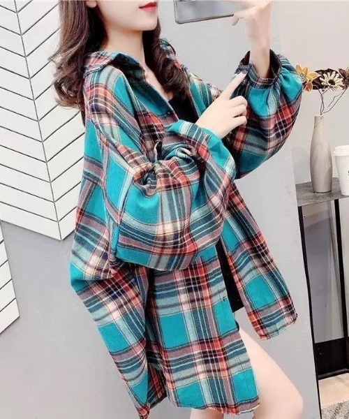 KOR(ケーオーアール)の「ボリュームスリーブ チェック柄 フランネルシャツ(シャツ/ブラウス・レディース・ブラック/ブルー/パープル・L/S/M/XL)」の4枚目の写真