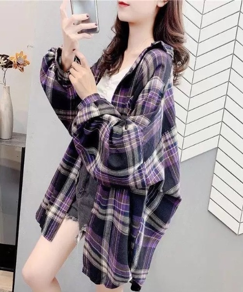 KOR(ケーオーアール)の「ボリュームスリーブ チェック柄 フランネルシャツ(シャツ/ブラウス・レディース・ブラック/ブルー/パープル・L/S/M/XL)」の8枚目の写真