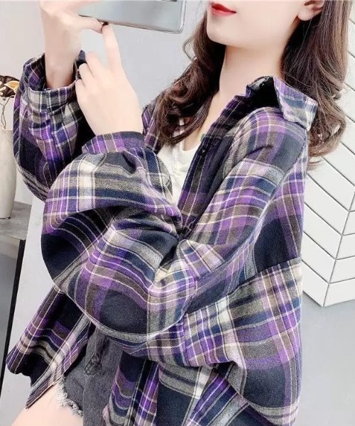 KOR(ケーオーアール)の「ボリュームスリーブ チェック柄 フランネルシャツ(シャツ/ブラウス・レディース・ブラック/ブルー/パープル・L/S/M/XL)」の9枚目の写真