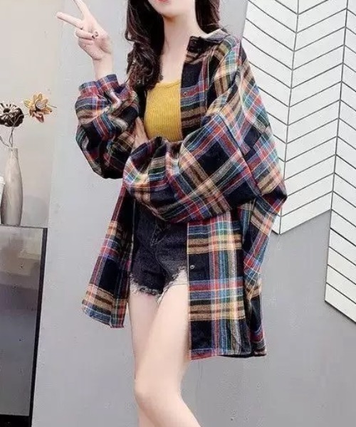 KOR(ケーオーアール)の「ボリュームスリーブ チェック柄 フランネルシャツ(シャツ/ブラウス・レディース・ブラック/ブルー/パープル・L/S/M/XL)」の11枚目の写真