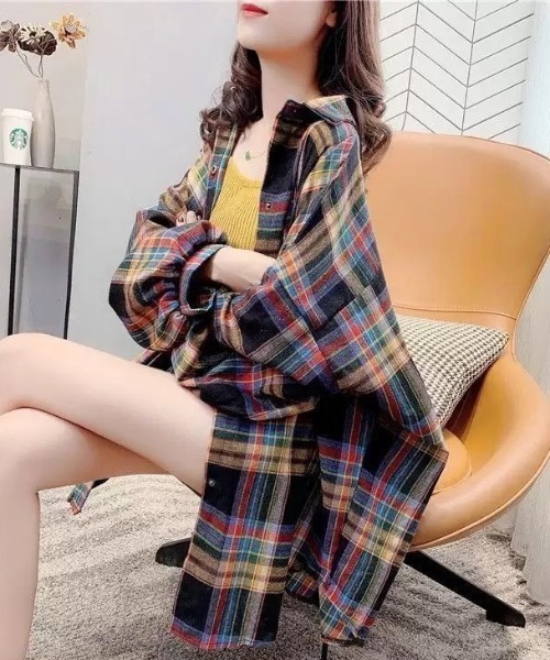 KOR(ケーオーアール)の「ボリュームスリーブ チェック柄 フランネルシャツ(シャツ/ブラウス・レディース・ブラック/ブルー/パープル・L/S/M/XL)」の12枚目の写真