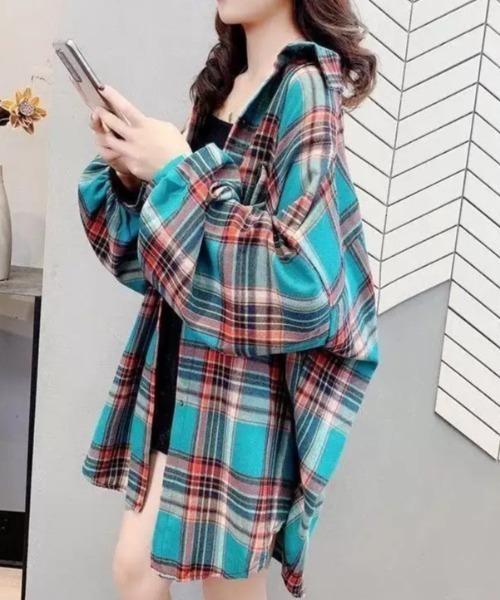 KOR(ケーオーアール)の「ボリュームスリーブ チェック柄 フランネルシャツ(シャツ/ブラウス・レディース・ブラック/ブルー/パープル・L/S/M/XL)」の18枚目の写真