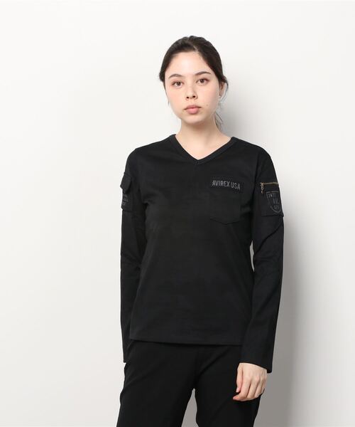 AVIREX(アヴィレックス)の「【WEB限定】Vネックファテーグ ロングスリーブティーシャツ/ V-NECK FATIGUE T-SHIRT(Tシャツ/カットソー・レディース・ホワイト/ネイビー/Black/ブラック・SMALL/LARGE/MEDIUM)」の4枚目の写真