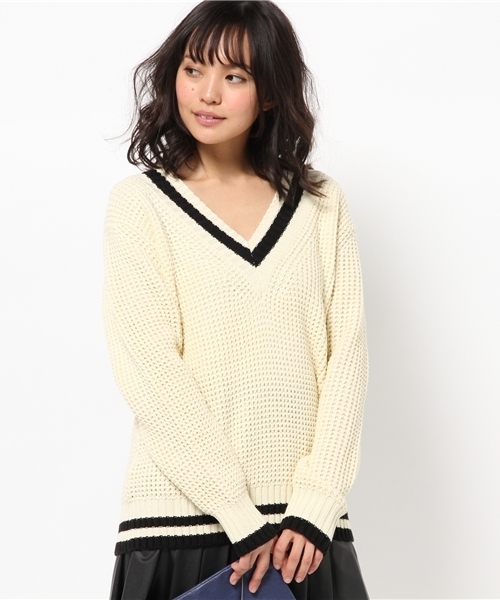 DISCOAT（ディスコート）の「【Discoat】ライン使い畦Vネックプルオーバー（ニット/セーター・レディース・アイボリー/ブラック・ﾌﾘ-）」の3枚目の写真