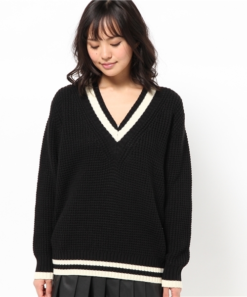 DISCOAT（ディスコート）の「【Discoat】ライン使い畦Vネックプルオーバー（ニット/セーター・レディース・アイボリー/ブラック・ﾌﾘ-）」の4枚目の写真