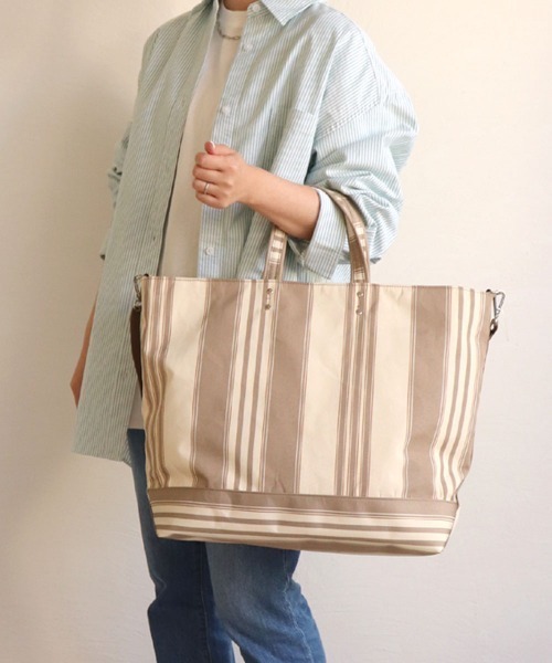COLDE （コルデ）の「ストライプ2wayビッグトート（トートバッグ・レディース・ダークブラウン/ネイビー/グリーン/マスタード/グレイッシュベージュ・FREE）」の3枚目の写真