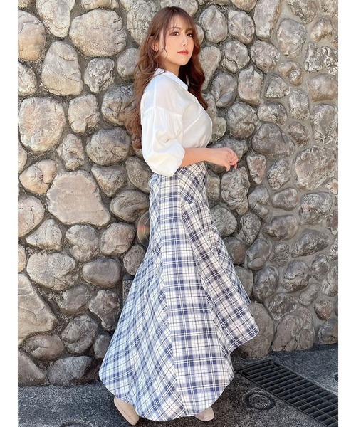 DURAS（デュラス）の「チェック柄ハイウエストテールスカート（スカート・レディース・ブラック/ブルー・FREE）」の14枚目の写真