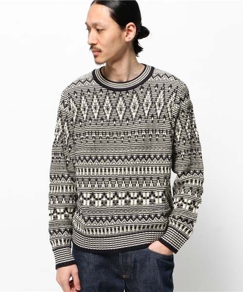 WARREN SCOTT（ワレーンスコット）の「WARREN SCOTT×BEAMS / 別注 ジャカード クルーネック ニット（ニット/セーター・メンズ・ネイビー/ベージュ・LARGE/SMALL/MEDIUM）」の2枚目の写真