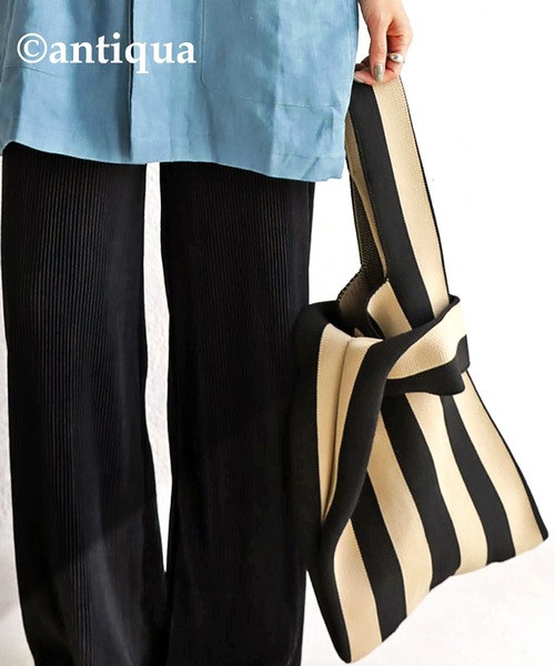 antiqua（アンティカ）の「ストライプ柄ニットバッグ（トートバッグ・レディース・ブラック/ブルーグリーン・FREE）」の4枚目の写真