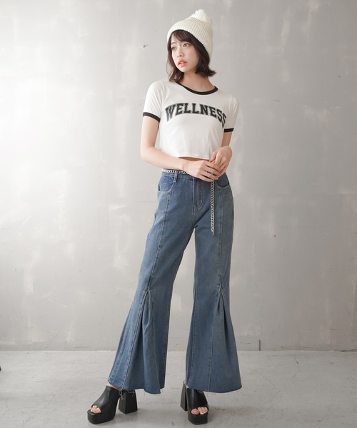 SPINNS（スピンズ）の「ボックスプリーツ デニムフレアパンツ（デニムパンツ・レディース・ブルー/ライトブルー・ONESIZE）」の10枚目の写真