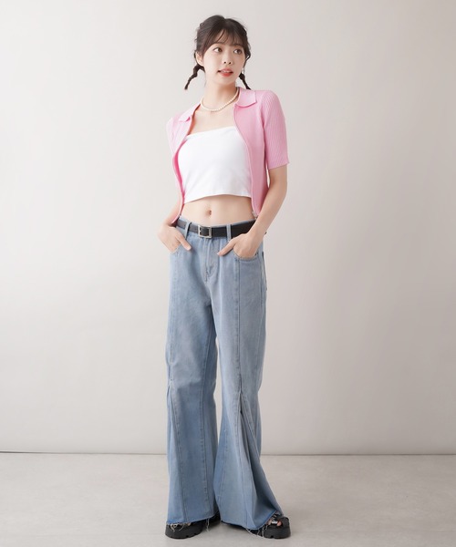 SPINNS（スピンズ）の「ボックスプリーツ デニムフレアパンツ（デニムパンツ・レディース・ブルー/ライトブルー・ONESIZE）」の13枚目の写真