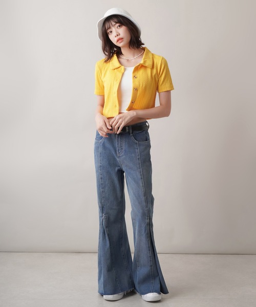 SPINNS（スピンズ）の「ボックスプリーツ デニムフレアパンツ（デニムパンツ・レディース・ブルー/ライトブルー・ONESIZE）」の17枚目の写真