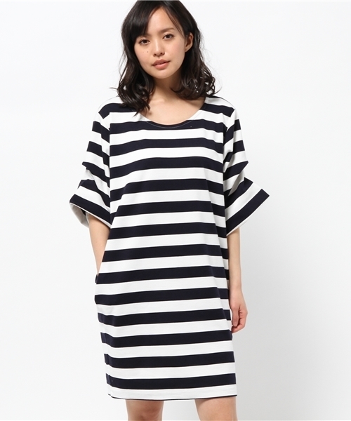 DISCOAT(ディスコート)の「【Discoat】ポンチ後ろリボンボーダーワンピース(ワンピース・レディース・オフホワイト/グレー・フリ-)」の9枚目の写真