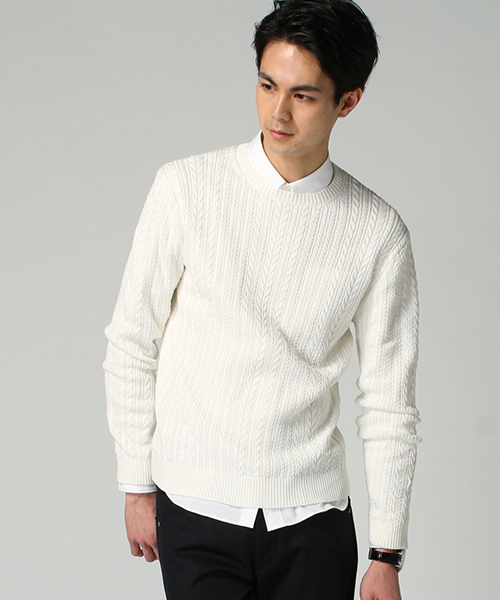 EDIFICE（エディフィス）の「◇シルケットコード　ケーブル編みC/Nニット（ニット/セーター・メンズ・ブルー系その他/ホワイト/アイボリー・44/46/48）」の2枚目の写真