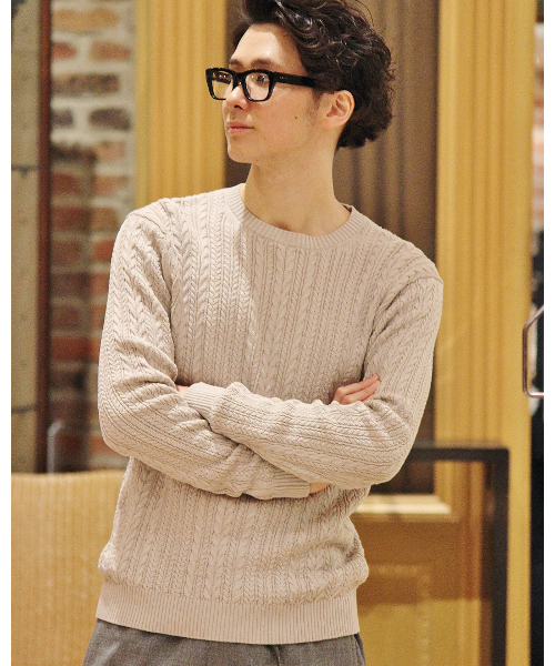 EDIFICE（エディフィス）の「◇シルケットコード　ケーブル編みC/Nニット（ニット/セーター・メンズ・ブルー系その他/ホワイト/アイボリー・44/46/48）」の3枚目の写真