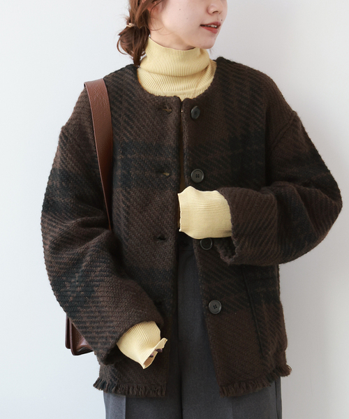 John branigan（ジョンブラニガン）の「【john branigan/ジョン ブラニガン】RELUME JK：別注ジャケット（ノーカラージャケット・レディース・ブラウン/ブルー/キャメル・FREE）」の6枚目の写真