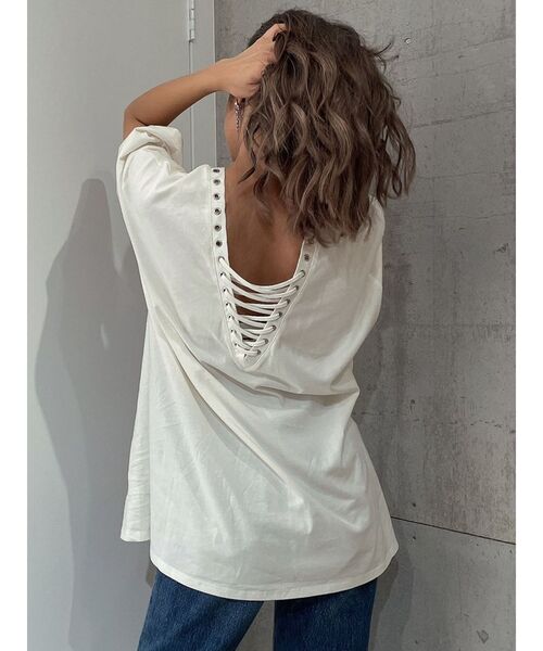 GYDA（ジェイダ）の「LOS ANGELES BACKレースアップTシャツ（Tシャツ/カットソー・レディース・オレンジ系その他3/オフホワイト/ライトグレー・FREE）」の5枚目の写真