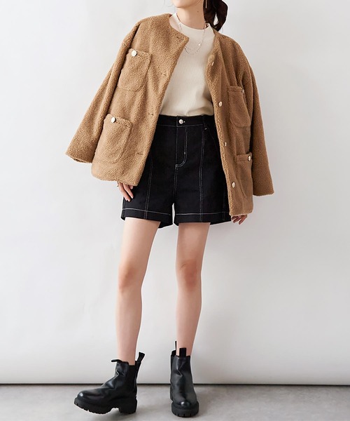 JEWELIUM ノーカラーコート ボルドー パイピングカラーコート