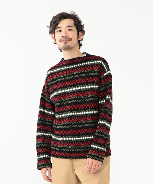 BEAMS PLUS（ビームスプラス）の「BEAMS PLUS / フェアアイル ジャカード ストライプ ボートネック ニット（ニット/セーター・メンズ・オフホワイト/ブラック/グリーン/ベージュ・SMALL/MEDIUM/LARGE/X-LARGE）」の8枚目の写真
