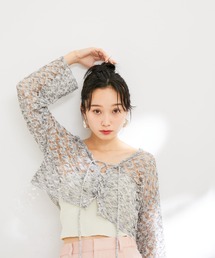 VIS | 【前後2WAY】リネン混レースアップ透かしラメカーディガン(カーディガン/ボレロ)