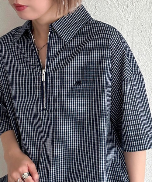 apres jour mignon(アプレジュールミニョン)の「ハーフジップシャツ【ZOZOTOWN限定アイテム】(シャツ/ブラウス・レディース・ブルー/オフホワイト/ブルー系その他/ネイビー・フリー/X-LARGE)」の4枚目の写真