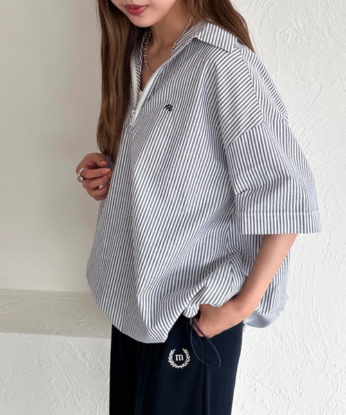 apres jour mignon(アプレジュールミニョン)の「ハーフジップシャツ【ZOZOTOWN限定アイテム】(シャツ/ブラウス・レディース・ブルー/オフホワイト/ブルー系その他/ネイビー・フリー/X-LARGE)」の2枚目の写真