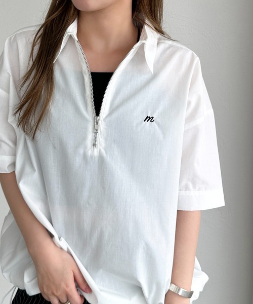 apres jour mignon(アプレジュールミニョン)の「ハーフジップシャツ【ZOZOTOWN限定アイテム】(シャツ/ブラウス・レディース・ブルー/オフホワイト/ブルー系その他/ネイビー・フリー/X-LARGE)」の1枚目の写真