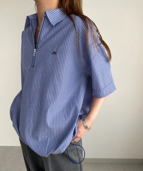 apres jour mignon(アプレジュールミニョン)の「ハーフジップシャツ【ZOZOTOWN限定アイテム】(シャツ/ブラウス・レディース・ブルー/オフホワイト/ブルー系その他/ネイビー・フリー/X-LARGE)」の3枚目の写真