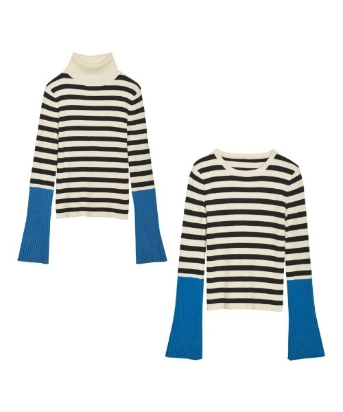 Re:EDIT（リエディ）の「[新色追加][販売枚数1.8万枚突破]選べる2TYPE配色or無地フレアスリーブリブニットトップス（ニット/セーター・レディース・ホワイト×ブラック/ブラック×ホワイト/ブラック系その他/ブラック/ホワイト/レッド系その他/ブルー系その他2/ホワイト系2/オレンジ系その他/ブルー系1/ブルー系その他/ブラック系その他2/オレンジ系その他2/ブラック系2/ブラック系/ホワイト系/レッド系その他2/ブルー系/レッド系その他3/レッド系その他4/ピンク系その他/パープル系その他/パープル系その他2/ピンク系その他2・LARGE/MEDIUM）」の11枚目の写真