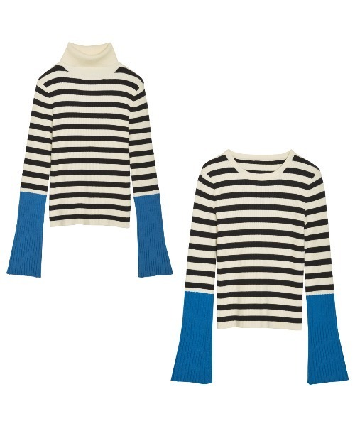 Re:EDIT（リエディ）の「[新色追加][販売枚数1.8万枚突破]選べる2TYPE配色or無地フレアスリーブリブニットトップス（ニット/セーター・レディース・ホワイト×ブラック/ブラック×ホワイト/ブラック系その他/ブラック/ホワイト/レッド系その他/ブルー系その他2/ホワイト系2/オレンジ系その他/ブルー系1/ブルー系その他/ブラック系その他2/オレンジ系その他2/ブラック系2/ブラック系/ホワイト系/レッド系その他2/ブルー系/レッド系その他3/レッド系その他4/ピンク系その他/パープル系その他/パープル系その他2/ピンク系その他2・LARGE/MEDIUM）」の12枚目の写真