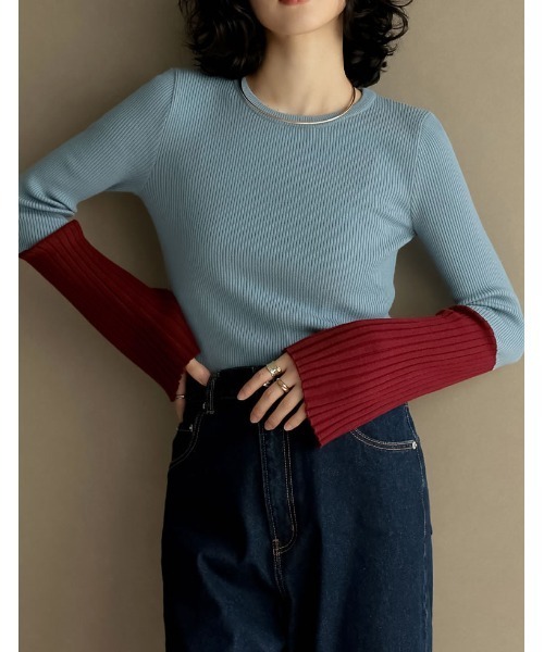 Re:EDIT（リエディ）の「[新色追加][販売枚数1.8万枚突破]選べる2TYPE配色or無地フレアスリーブリブニットトップス（ニット/セーター・レディース・ホワイト×ブラック/ブラック×ホワイト/ブラック系その他/ブラック/ホワイト/レッド系その他/ブルー系その他2/ホワイト系2/オレンジ系その他/ブルー系1/ブルー系その他/ブラック系その他2/オレンジ系その他2/ブラック系2/ブラック系/ホワイト系/レッド系その他2/ブルー系/レッド系その他3/レッド系その他4/ピンク系その他/パープル系その他/パープル系その他2/ピンク系その他2・LARGE/MEDIUM）」の22枚目の写真