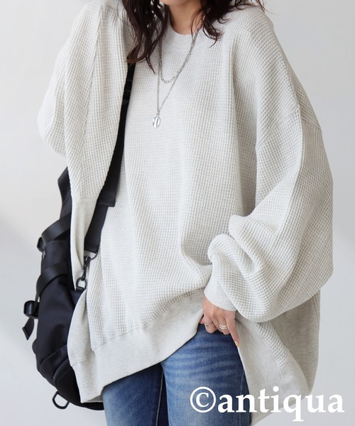 antiqua（アンティカ）の「長袖 サイドリブ 綿100 ワッフル プルオーバー（その他トップス・レディース・オフホワイト/ピンク/グリーン/スミクロ/ブラック/オートミール/杢グレー・FREE）」の6枚目の写真