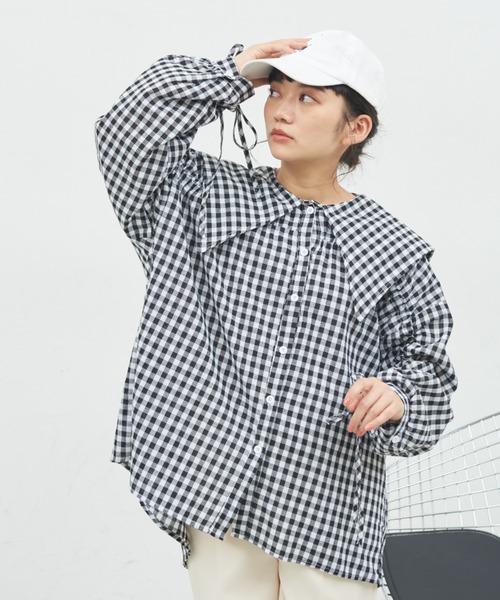 MERLOT(メルロー)の「ビッグカラーシャーリングブラウス(シャツ/ブラウス・レディース・ピンク/ホワイト/ブルー/チェック・FREE)」の1枚目の写真