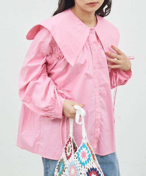 MERLOT(メルロー)の「ビッグカラーシャーリングブラウス(シャツ/ブラウス・レディース・ピンク/ホワイト/ブルー/チェック・FREE)」の4枚目の写真