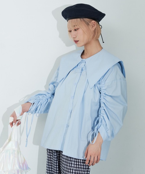 MERLOT(メルロー)の「ビッグカラーシャーリングブラウス(シャツ/ブラウス・レディース・ピンク/ホワイト/ブルー/チェック・FREE)」の3枚目の写真