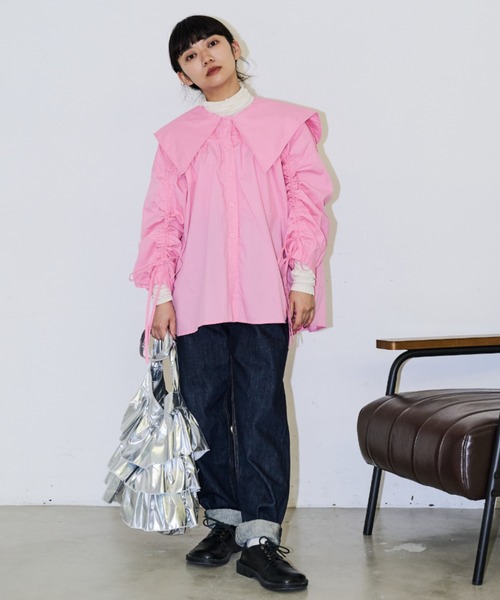 MERLOT(メルロー)の「ビッグカラーシャーリングブラウス(シャツ/ブラウス・レディース・ピンク/ホワイト/ブルー/チェック・FREE)」の7枚目の写真