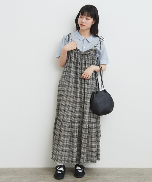 bulle de savon ちぢみチェック　ギャザースカート　クロ bulle de savon ちぢみチェック ギャザースカート クロ
