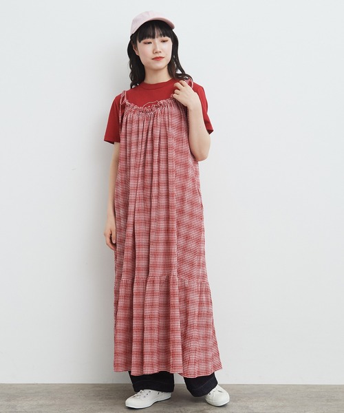 ビュルデサボン　bulle de savon スモッキングチェックブラウス　赤 bulle de savon（ビュルデサボン）の「○ちぢみCHECK kincyaku