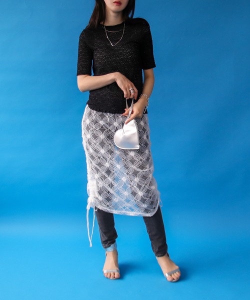Three Four Time（ｽﾘｰﾌｫｰﾀｲﾑ）の「モチーフチュールレイヤードスカート（スカート・レディース・ブラック/オフホワイト・FREE）」の6枚目の写真