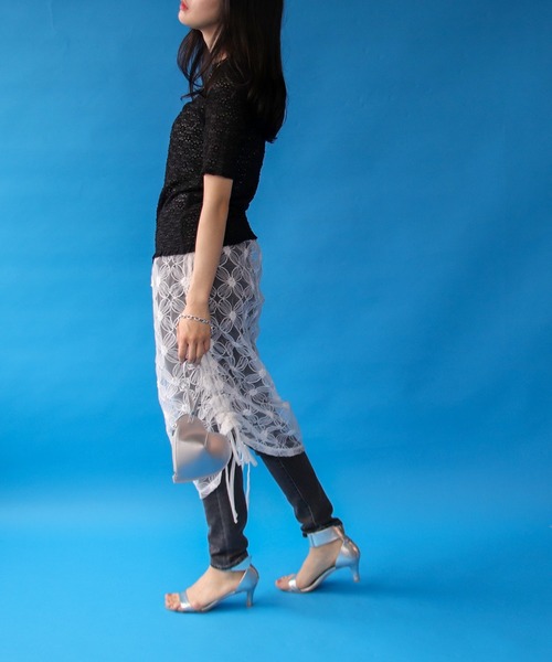 Three Four Time（ｽﾘｰﾌｫｰﾀｲﾑ）の「モチーフチュールレイヤードスカート（スカート・レディース・ブラック/オフホワイト・FREE）」の7枚目の写真