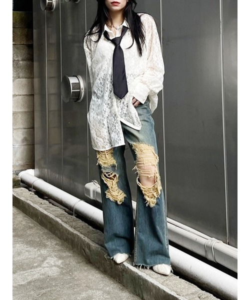 EVRIS（エヴリス）の「レースオーバーサイズシャツ（シャツ/ブラウス・レディース・ブラック/グリーン/ホワイト・FREE）」の4枚目の写真