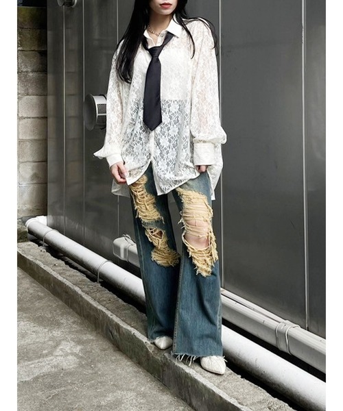 EVRIS（エヴリス）の「レースオーバーサイズシャツ（シャツ/ブラウス・レディース・ブラック/グリーン/ホワイト・FREE）」の5枚目の写真