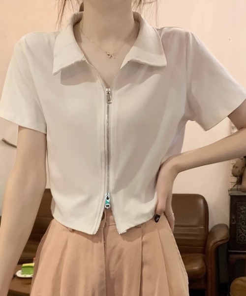 【セール】Wジップファスナークロップド丈トップス（Tシャツ/カットソー）｜deux amour（ドゥーザムール）