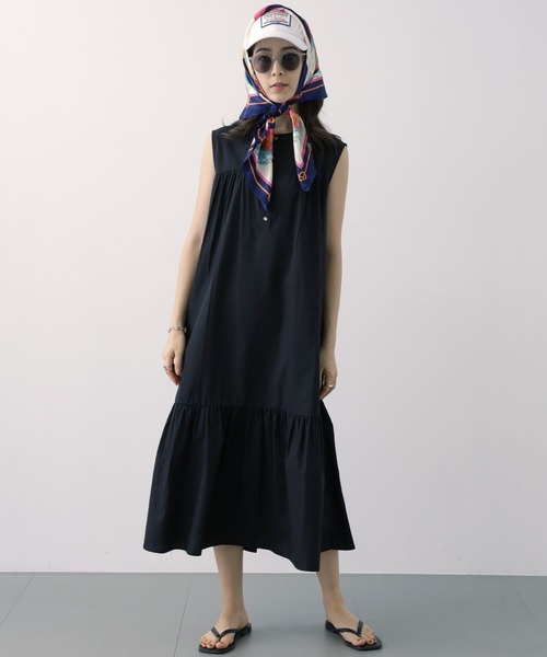 saloon（サルーン）の「SALOON(サルーン)/T/Cヘンリーギャザー切り替えワンピース【手洗い可】（ワンピース・レディース・オレンジ/ブラック・FREE）」の8枚目の写真