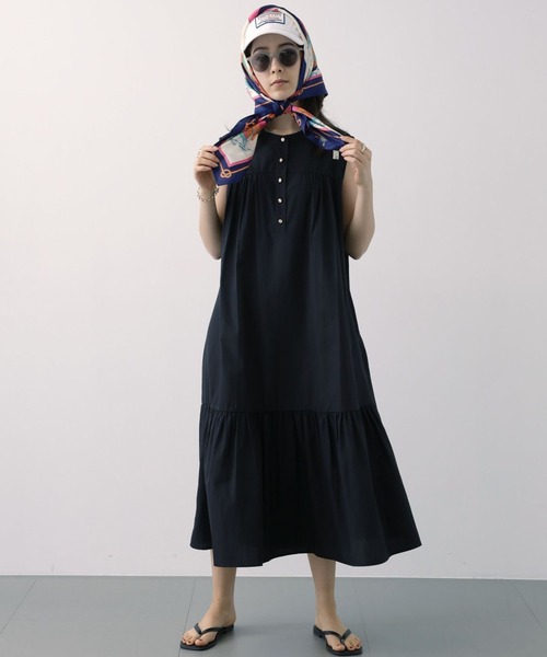 saloon（サルーン）の「SALOON(サルーン)/T/Cヘンリーギャザー切り替えワンピース【手洗い可】（ワンピース・レディース・オレンジ/ブラック・FREE）」の9枚目の写真