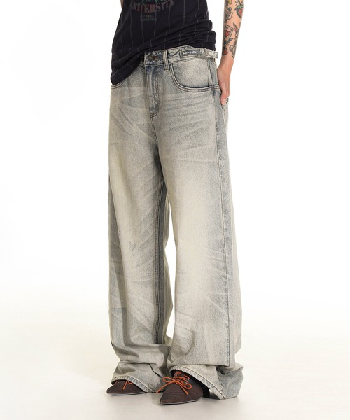 MASONPRINCE（メイソンプリンス）の「ワイドシルエット 色落ち加工 サイドベルト デニムパンツ NZK6204【MASONPRINCE】（デニムパンツ・メンズ・グレー系その他・S/M/L/XL）」の4枚目の写真