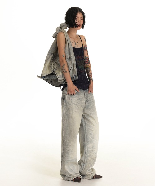 MASONPRINCE（メイソンプリンス）の「ワイドシルエット 色落ち加工 サイドベルト デニムパンツ NZK6204【MASONPRINCE】（デニムパンツ・メンズ・グレー系その他・S/M/L/XL）」の3枚目の写真