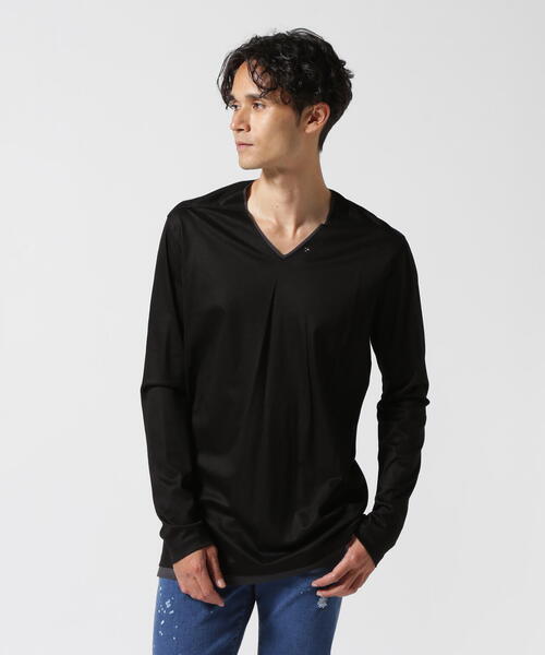 FranCisT_MOR.K.S.（フランシストモークス）の「FranCisT_MOR.K.S./フランシスト モークス/LYOCELL/C FAKE LAYERED V-NECK L/S T-SHIRT（Tシャツ/カットソー・メンズ・ブラック/オリーブ系/ネイビー・4/3/2）」の4枚目の写真
