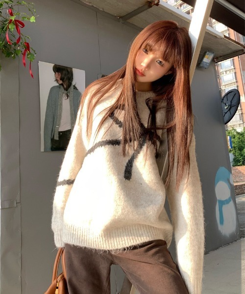 Y2K リボン モチーフ モノトーン ルーズロング ニット（ポロシャツ