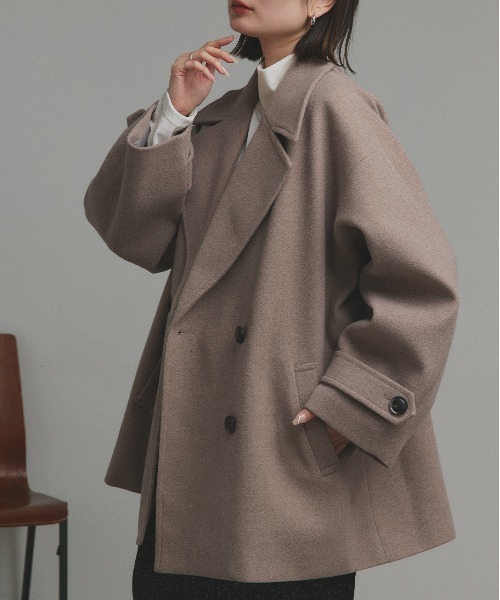 ad thie(アドティエ)の「ウールタッチ オーバーPコート ジャコット(ピーコート・レディース・ピンク/ダークブラウン/モカ/ブラック/ピンクベージュ/アイボリー/ライトベージュ/ナチュラル/チャコール/ベージュ系/杢グレー・FREE)」の9枚目の写真